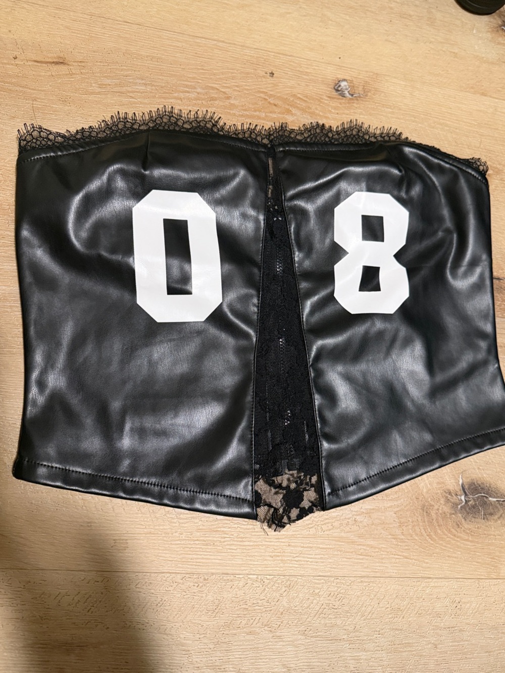 Black Lace-Trim Faux Leather Shorts with White Number Detail